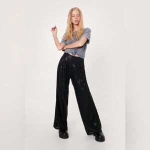 Nasty Gal Black Petite Sequin Wide Leg Piece Pants Women’s size 4 27 Small
